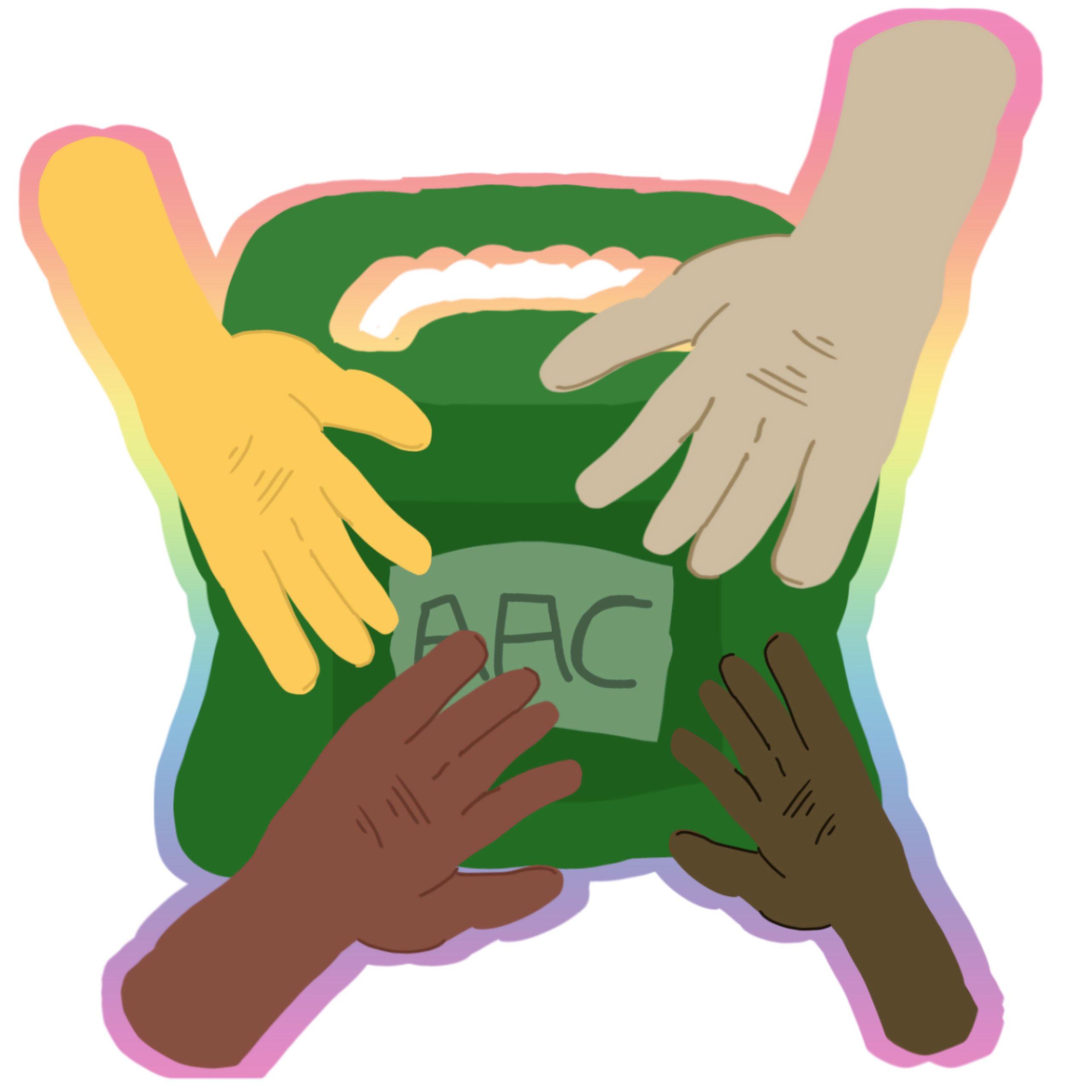  a AAC device with the letters 'AAC' on it is surrounded by four hands of different skin tones and sizes. the whole image is outlined in a rainbow border.